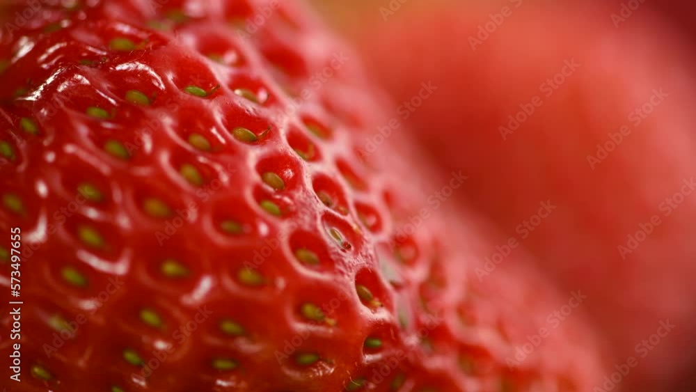 Strawberries on a red background. Two Fresh ripe strawberries on red, super macro fresh juicy berries rotation, close up Strawberries on a red background. Two Fresh ripe strawberries on red, super macro fresh juicy berries rotation, close up