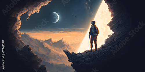 a astronaut watch eclipse in the mountains  digital art  generative ai