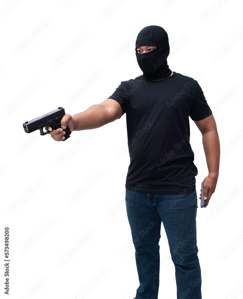 Burglar or terrorist. Holding pistol in various poses on background isolated with clipping path.transparent background. png.file Burglar or terrorist. Holding pistol in various poses on background isolated with clipping path.transparent background. png.file