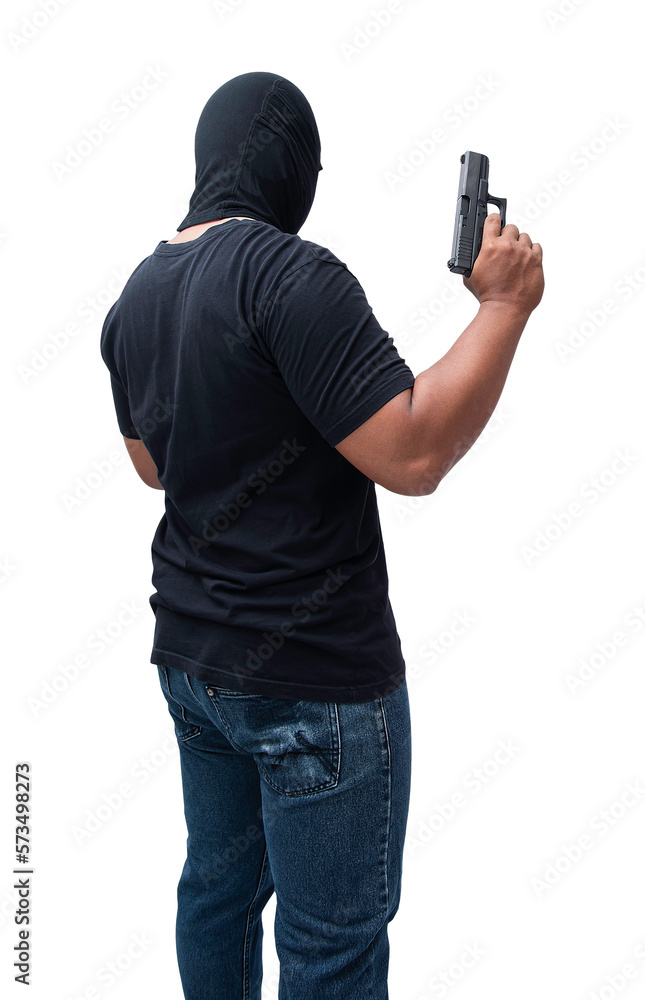 Burglar or terrorist. Holding pistol in various poses on background isolated with clipping path.transparent background. png.file Burglar or terrorist. Holding pistol in various poses on background isolated with clipping path.transparent background. png.file