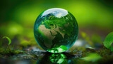 A Green World: The Significance of a Green Globe with Continents on blurred Natural Background. Happy earth day concept. Generative AI