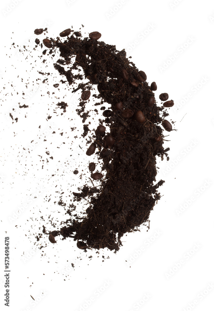 Fertilizer Coffee bean seed powder mixed soil fly fall, Fertilizer Coffee bean soil for planting float in air. Fertilizer Coffee bean throw in mid air. White background isolated high speed freeze Fertilizer Coffee bean seed powder mixed soil fly fall, Fertilizer Coffee bean soil for planting float in air. Fertilizer Coffee bean throw in mid air. White background isolated high speed freeze