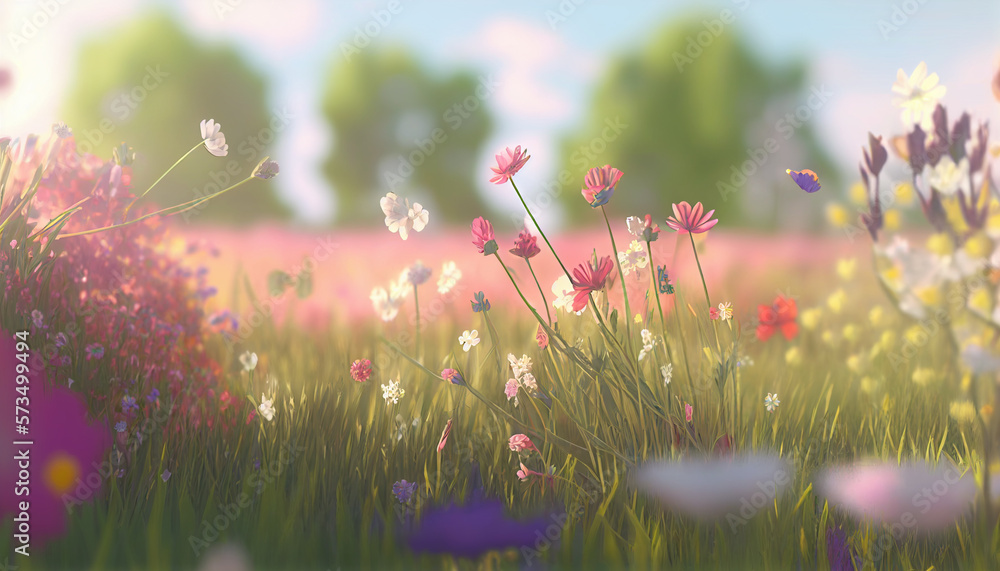 Harmony of Nature: A Colorful Illustration of a Meadow Filled with Spring Wildflowers. Generative Ai