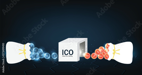 ICO Token production process vector illustration and Currency exchange. Currency exchange and IT startup crowdfunding concept on dark blue background. 