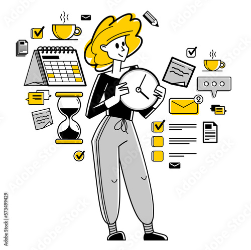 Time management vector outline illustration, worker planning deadline and prioritize tasks, business productiveness agenda, zero hour.