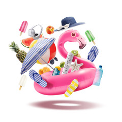 Happy inflatable flamingo and beach accessories