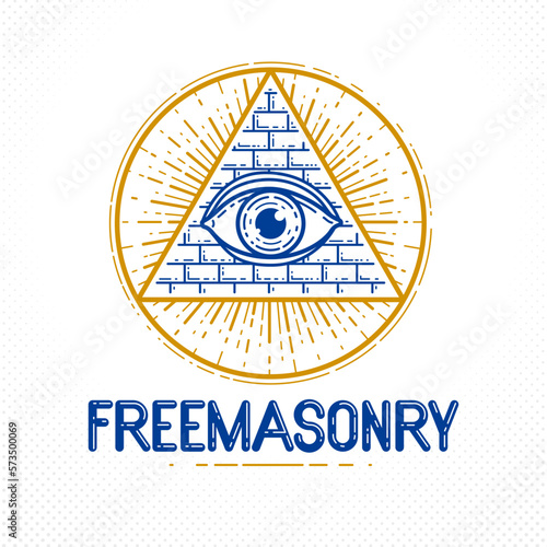 All seeing eye of god in sacred geometry triangle, masonry and illuminati symbol, vector logo or emblem design element.