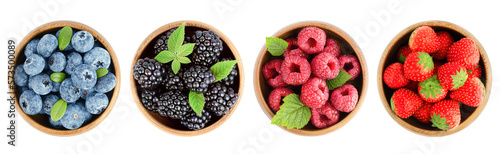 four round plates with blueberries, blackberries, raspberries and strawberries, top view on a white isolated background