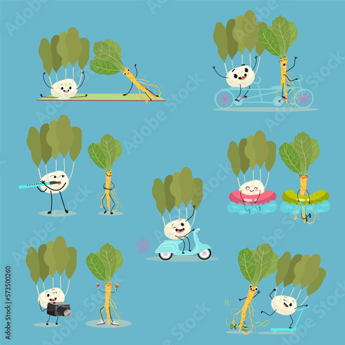 Vector illustration with funny cartoon characters of kohlrabi and horseradish, collection of characters doing sports, playing musical instruments, riding horses. Funny and healthy food.