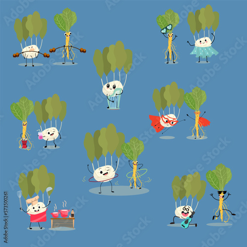 Vector illustration with funny cartoon characters of kohlrabi and horseradish, collection of characters doing sports, playing musical instruments, riding horses. Funny and healthy food.