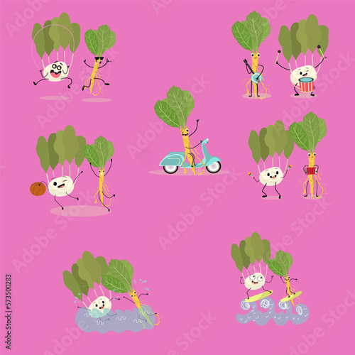 Vector illustration with funny cartoon characters of kohlrabi and horseradish, collection of characters doing sports, playing musical instruments, riding horses. Funny and healthy food.