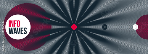 Abstract vector wave background made with linear Moire, op art effect surreal texture, sound and music waves theme, black and white grid abstraction.