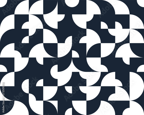 Geometric abstract seamless pattern with black and white simple elements of geometry, wallpaper background in retro 70s style, Bauhaus constructive style tiles.