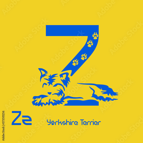 Unusual decorative font with a stylized image of a Yorkshire terrier. Typography with dogs based on gestalt design. Decoration with animals.