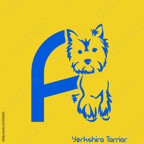 Unusual decorative font with a stylized image of a Yorkshire terrier. Typography with dogs based on gestalt design. Decoration with animals.
