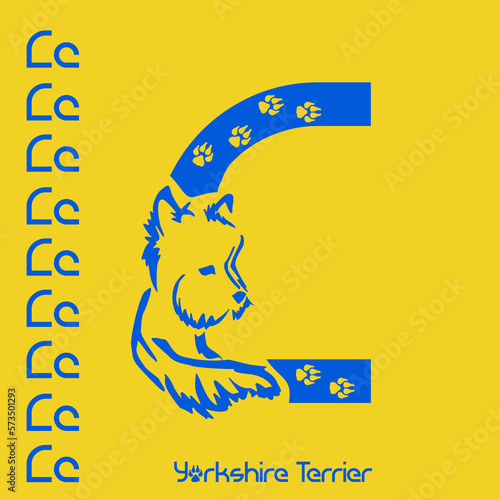 Unusual decorative font with a stylized image of a Yorkshire terrier. Typography with dogs based on gestalt design. Decoration with animals.