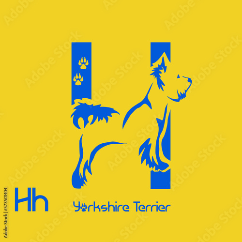Unusual decorative font with a stylized image of a Yorkshire terrier. Typography with dogs based on gestalt design. Decoration with animals.