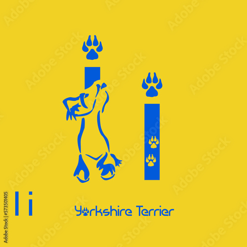 Unusual decorative font with a stylized image of a Yorkshire terrier. Typography with dogs based on gestalt design. Decoration with animals.