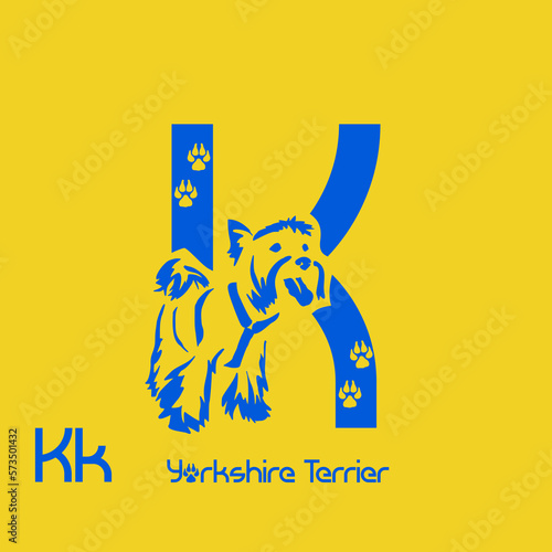 Unusual decorative font with a stylized image of a Yorkshire terrier. Typography with dogs based on gestalt design. Decoration with animals.