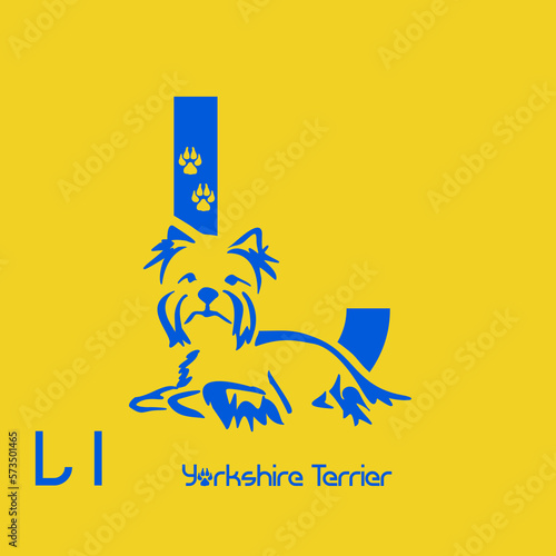 Unusual decorative font with a stylized image of a Yorkshire terrier. Typography with dogs based on gestalt design. Decoration with animals.