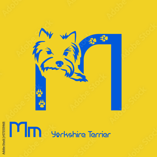 Unusual decorative font with a stylized image of a Yorkshire terrier. Typography with dogs based on gestalt design. Decoration with animals.