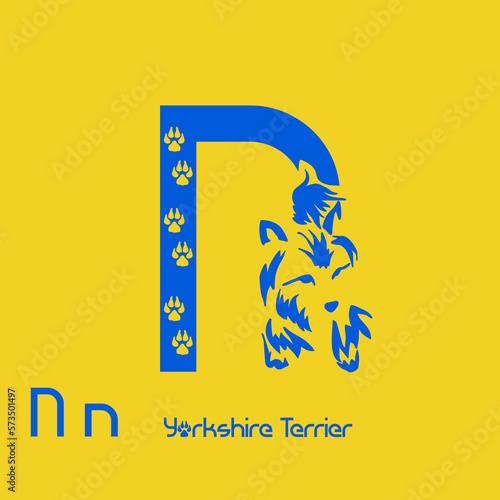 Unusual decorative font with a stylized image of a Yorkshire terrier. Typography with dogs based on gestalt design. Decoration with animals.