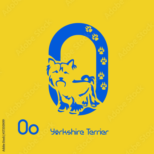 Unusual decorative font with a stylized image of a Yorkshire terrier. Typography with dogs based on gestalt design. Decoration with animals.