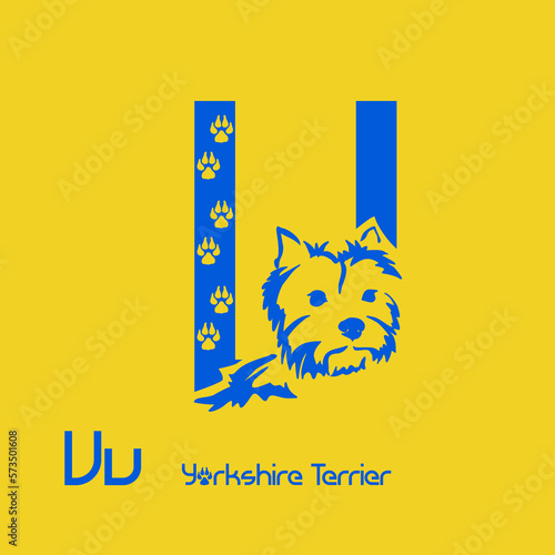 Unusual decorative font with a stylized image of a Yorkshire terrier. Typography with dogs based on gestalt design. Decoration with animals.