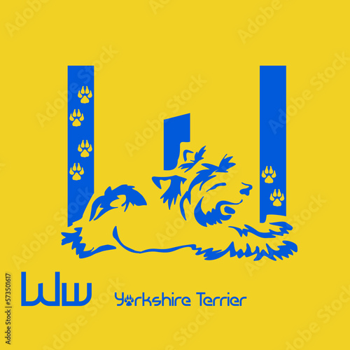 Unusual decorative font with a stylized image of a Yorkshire terrier. Typography with dogs based on gestalt design. Decoration with animals.