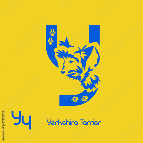 Unusual decorative font with a stylized image of a Yorkshire terrier. Typography with dogs based on gestalt design. Decoration with animals.
