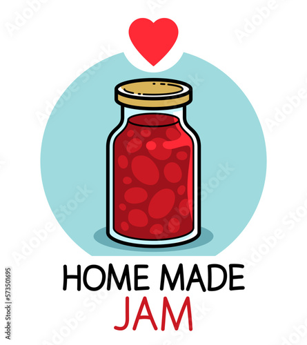 Jar of jam isolated on white vector emblem or illustration in cartoon style, delicious and healthy natural food homemade marmalade.