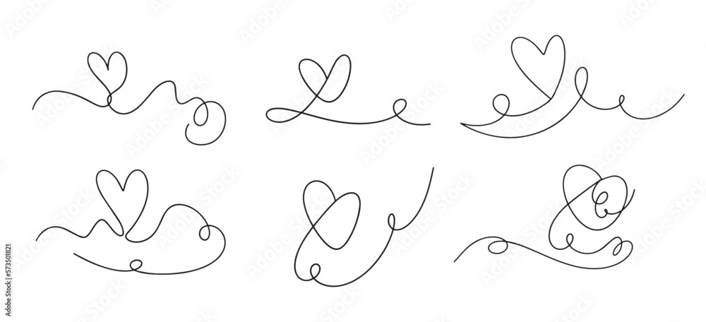 Vector hearts set in continuous line design style minimalist black line art sketch isolated on white background