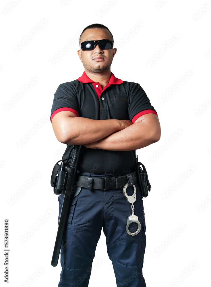 Security guards wearing black glasses.stand with arms crossed with rubber batons and handcuffs on tactical belts. on a isolated white background Eliminate the concept of security Security guards wearing black glasses.stand with arms crossed with rubber batons and handcuffs on tactical belts. on a isolated white background Eliminate the concept of security