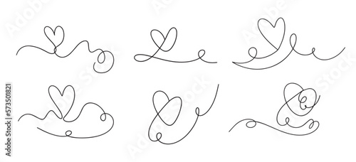 Vector hearts set in continuous line design style minimalist black line art sketch isolated on white background
