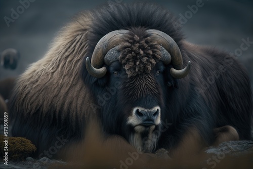 Bull muskox on tundra. Realistic generated AI photo