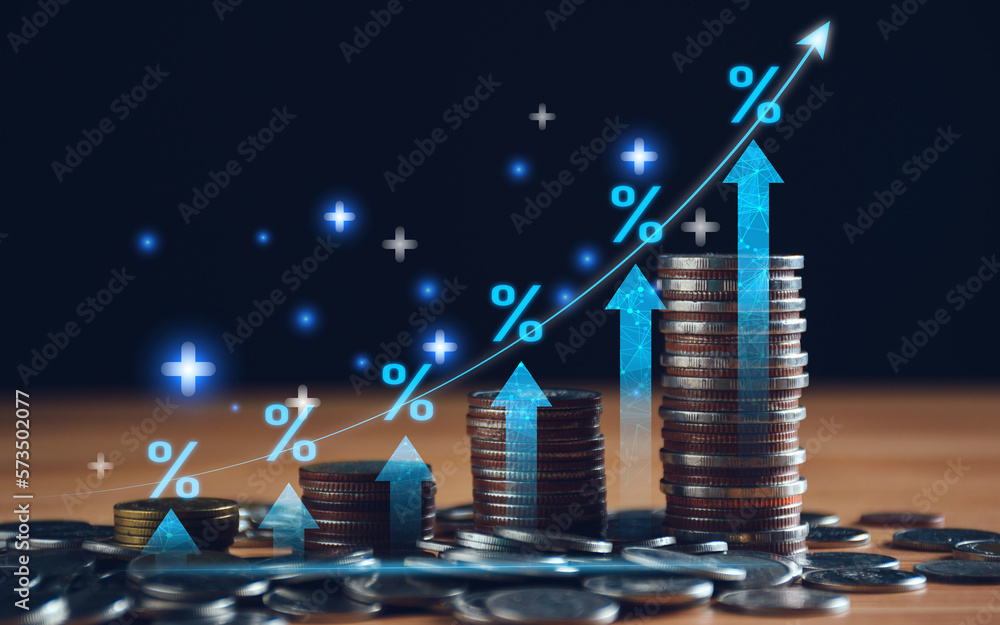 Interest rate and dividend concept. Businessman with percentage symbol and up arrow, Interest rates continue to increase, return on stocks and mutual funds, long term investment for retirement. - obrazy, fototapety, plakaty 