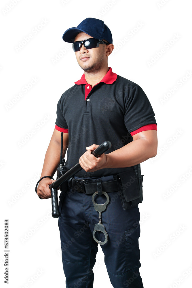 Security guards wearing black glasses and hats Standing holding a rubber baton in a ready position and handcuffed on a tactical belt. on an isolated white background Eliminate the concept of security Security guards wearing black glasses and hats Standing holding a rubber baton in a ready position and handcuffed on a tactical belt. on an isolated white background Eliminate the concept of security