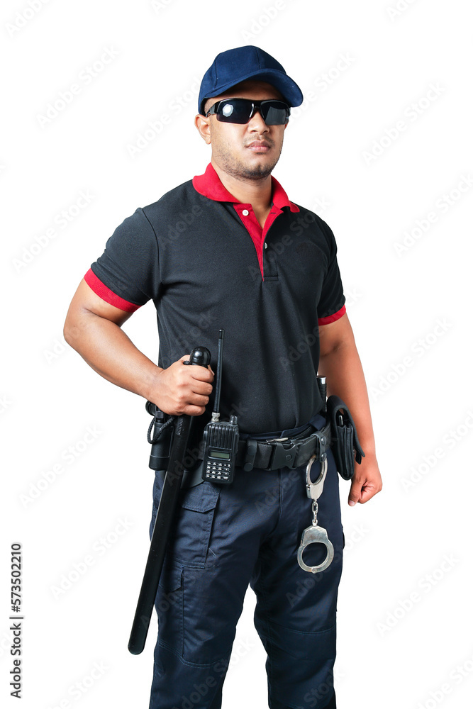 Security guards wearing black glasses and hats Stand holding a rubber baton and handcuffs on a tactical belt. on a isolated white background Eliminate the concept of security Security guards wearing black glasses and hats Stand holding a rubber baton and handcuffs on a tactical belt. on a isolated white background Eliminate the concept of security