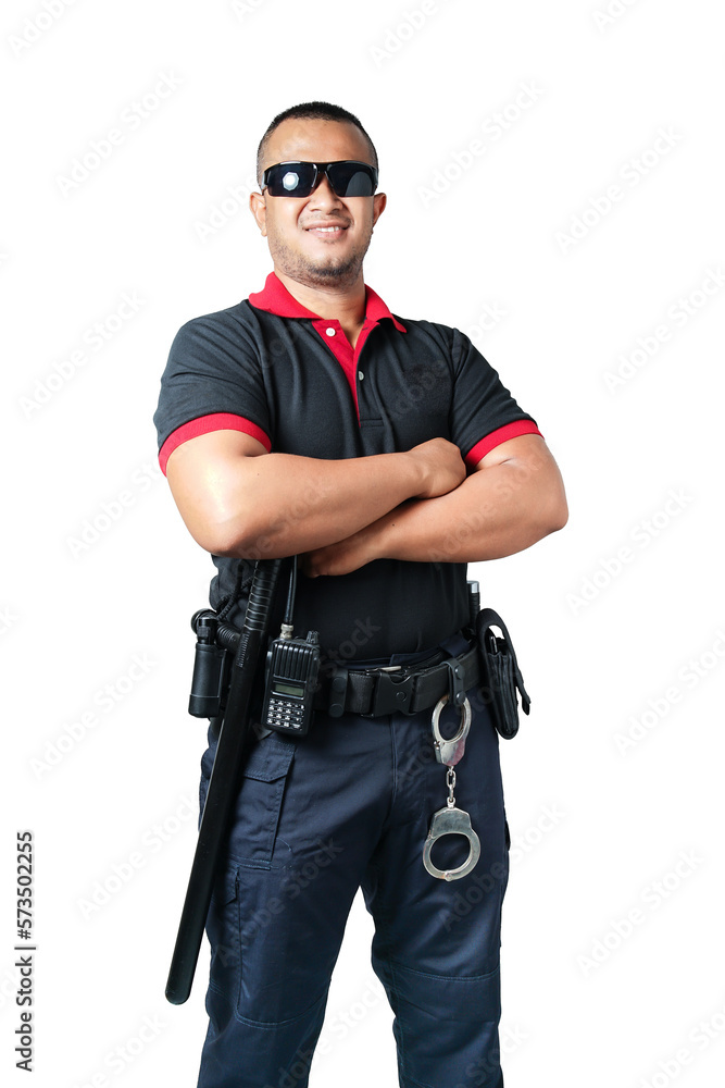 Security guards wearing black glasses.stand with arms crossed with rubber batons and handcuffs on tactical belts. on a isolated white background Eliminate the concept of security Security guards wearing black glasses.stand with arms crossed with rubber batons and handcuffs on tactical belts. on a isolated white background Eliminate the concept of security