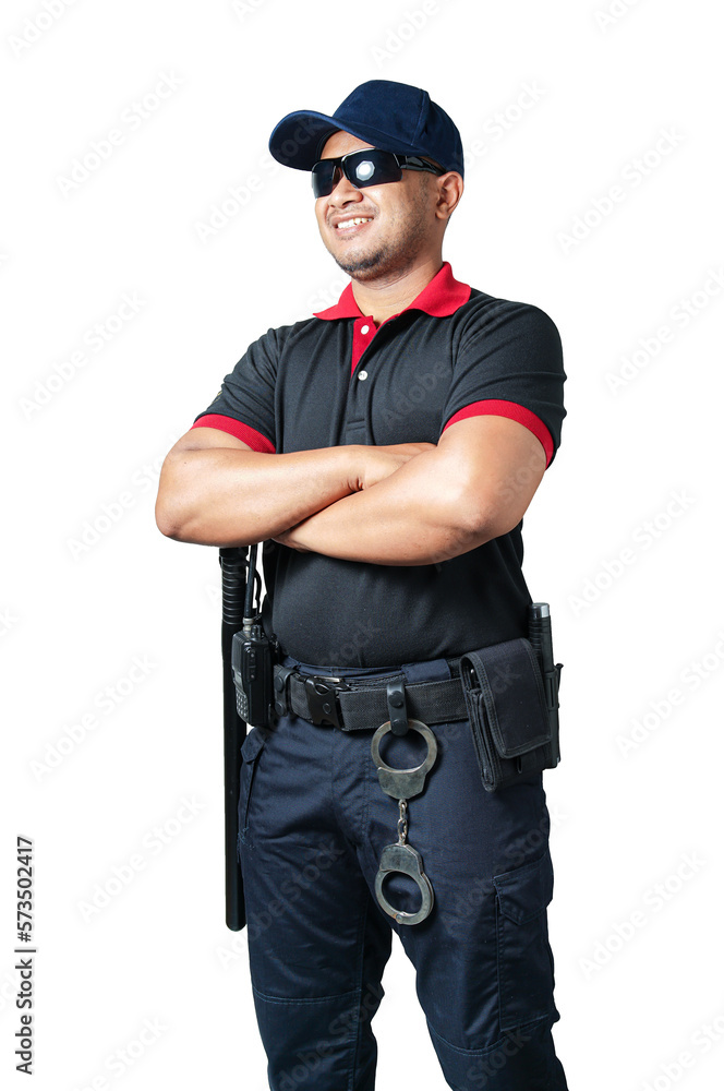 The security guard wears black glasses and wears a hat.stand with arms crossed, rubber batons and handcuffs on tactical belts. on a isolated white background Eliminate the concept of security The security guard wears black glasses and wears a hat.stand with arms crossed, rubber batons and handcuffs on tactical belts. on a isolated white background Eliminate the concept of security