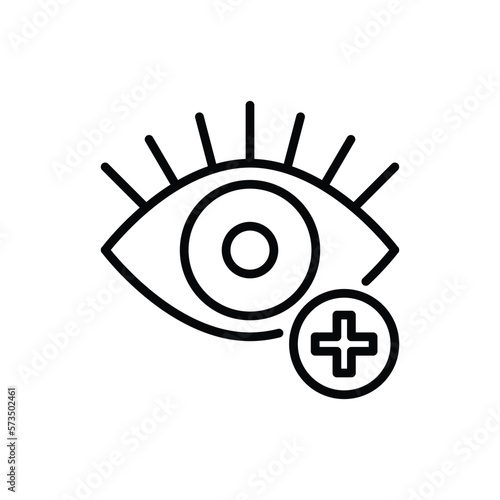 Ophthalmology thin line icon: farsightedness. Human eye with plus sign. Modern vector illustration.