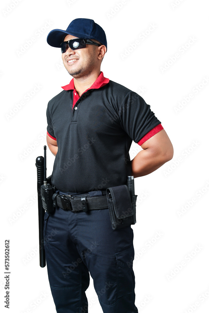 The security guard, wearing black glasses, wearing a cap, stands ready. There are rubber batons and handcuffs on the tactical belt. isolated white background Eliminate the concept of security The security guard, wearing black glasses, wearing a cap, stands ready. There are rubber batons and handcuffs on the tactical belt. isolated white background Eliminate the concept of security