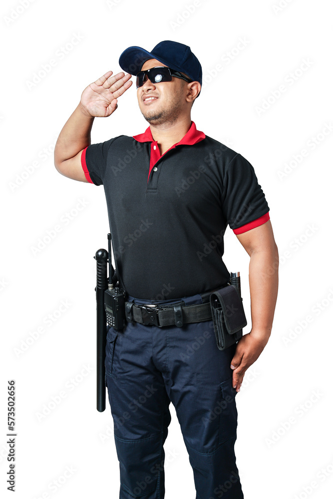 A security guard wearing black glasses, wearing a cap, salutes, has rubber batons and handcuffs on his tactical belt. isolated white background Eliminate the concept of security A security guard wearing black glasses, wearing a cap, salutes, has rubber batons and handcuffs on his tactical belt. isolated white background Eliminate the concept of security