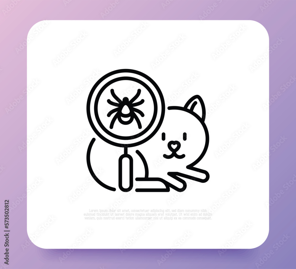 Cat with mite under magnifying glass. Veterinary clinic. Pet parasites. Thin line icon. Vector illustration.