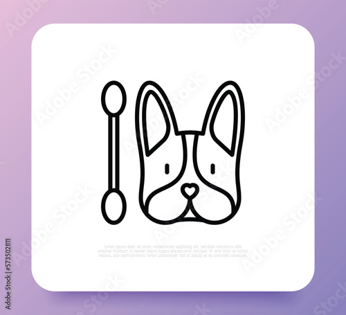 Ears care for pets, dog with cotton swab. Veterinary clinic. Thin line icon. Vector illustration.