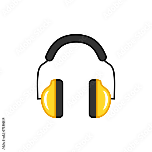 Yellow safety headphones. Personal protection equipment. Hearing protection ear muffs. Industrial safety accessories. Construction worker gear. Mandatory sign. Vector illustration, flat, clip art.