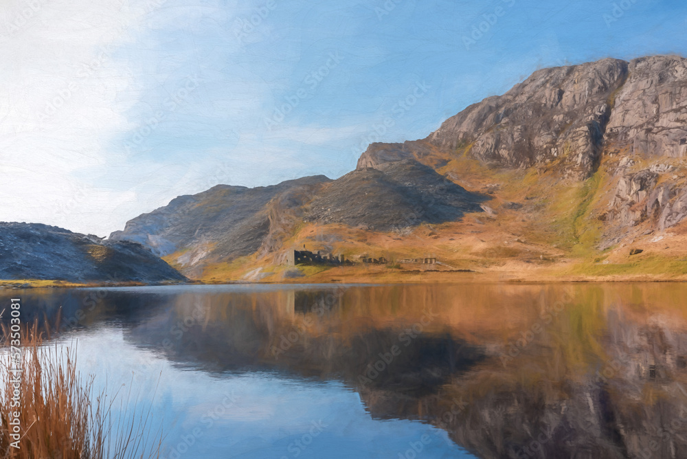 Fototapeta premium Digital painting of Cwmorthin Terrace and Rhosydd Slate Quarry, Blaenau Ffestiniog