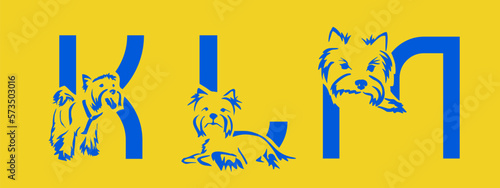 Set of letters K, L, M with Yorkshire terrier. Unusual decorative alphabet. Dog alphabet based on gestalt design