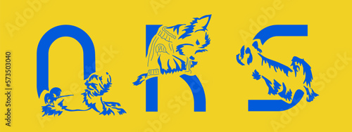 Set of letters Q, R, S with Yorkshire terrier. Unusual decorative alphabet. Dog alphabet based on gestalt design