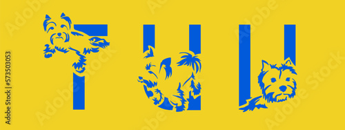 Set of letters T, U, V with Yorkshire terrier. Unusual decorative alphabet. Dog alphabet based on gestalt design